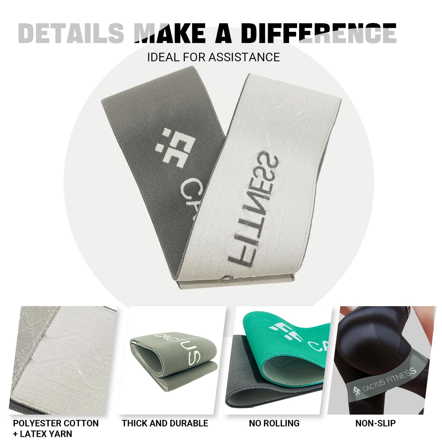 CACTUS FITNESS Resistance Non Slip Intermediate Power Bands Set 2pcs for Hips, Thighs,Legs,Butt,Glutes for Men and Women