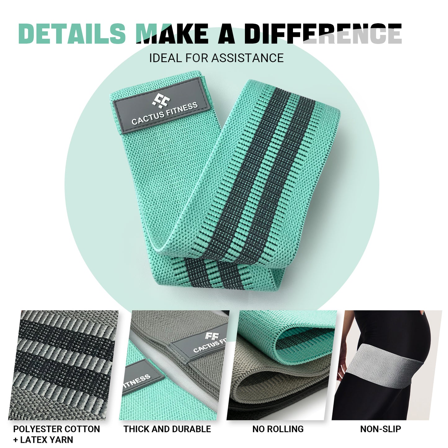 CACTUS FITNESS Resistance Non Slip Thick Power Bands Set 2pcs for Hips, Thighs,Legs,Butt,Glutes for Men and Women